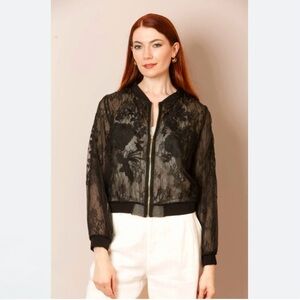 NWT Jessie Liu Iris Tulle Lace Combo Embroidered Silk Bomber Jacket Black XS